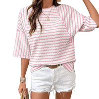 Womens Crew-Neck Pullover T-Shirt Simple, Versatile Striped Half-Sleeve Tee In European And American Style