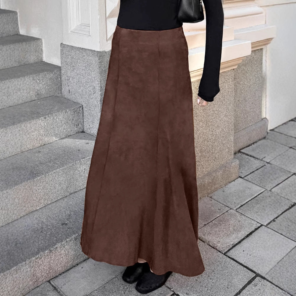 Brushed Velvet Brown Slim-fit High Waist Straight Skirt