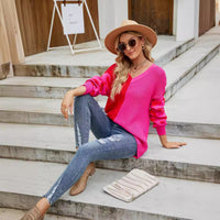 Women's Casual Contrast Color Leopard Print V-neck Fashion Pullover Sweater