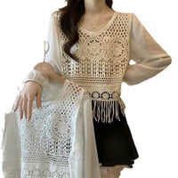 Women's Tassel Age-reducing Chiffon Patchwork Lace V-neck Shirt