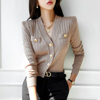 V-neck Slim-fit Slim-fit Right-angle Shoulder Long-sleeved Knitted Cardigan