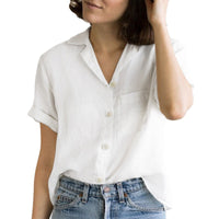 Women's Solid-Colored Cotton-Linen Pocketed Shirt