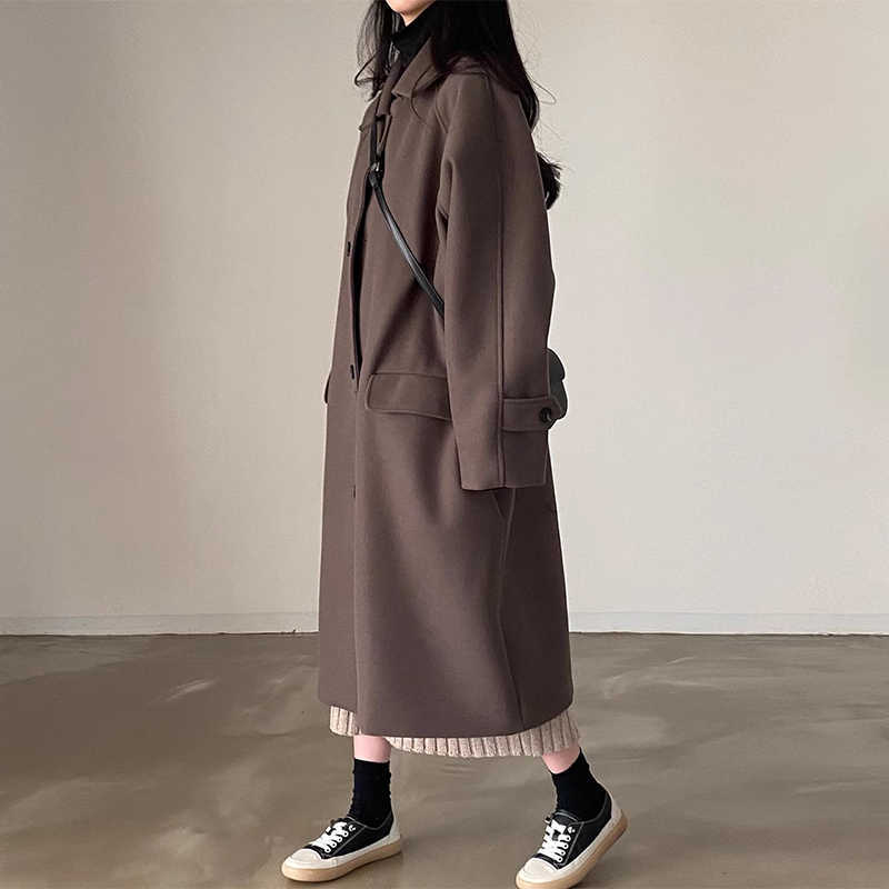 Retro Lapels Single-breasted Loose Mid-length Woolen Coat