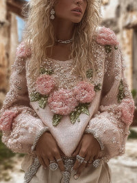 Womens Loose-fitting Pullover Sweater With A Round Neck And Floral Print