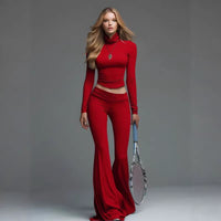 Womens Turtleneck Long-sleeve Flared Pants Two-piece Set