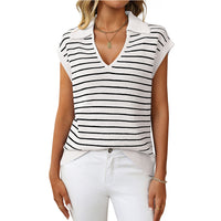 Women's V-neck Knitted Top Casual Striped Collar Sweater