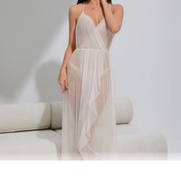 Womens Sexy Mesh Sleepwear Lace V-Neck Long Camisole Nightgown
