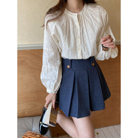 Womens Solid-Color Designer-Look Lace Lantern-Sleeve Shirt