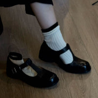 Round-toe Mid-heel T-strap Chunky-heeled Mary Jane Leather Shoes