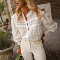 Resort-Style Solid-Color Hollow-Out Embroidered Womens Top