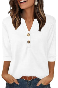 Womens Plus-Size Loose V-Neck Buttoned Three-Quarter Sleeve T-Shirt