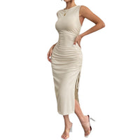 Sleeveless Pleated Slit Bodycon Sheath Dress