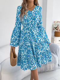 Women's Vintage Bell Sleeve Ruffle Trim Tie Waist A-Line Dress