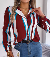 Women's Casual Versatile Color Block Stripe Notched Lapel Long Sleeve Shirt