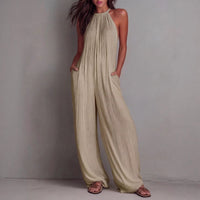 Resort-style White Pleated Open-back Wide-leg Jumpsuit