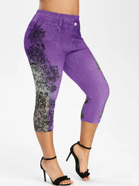 Mid-rise Printed Faux Denim Skinny Cropped Pants