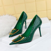 Slimming High-Heel Shallow-Toe Pointed-Toe Womens Shoes With Metal Buckle