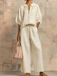 Solid-color Casual Loose-fitting Zip-up Sweatshirt And Straight-leg Pants Set
