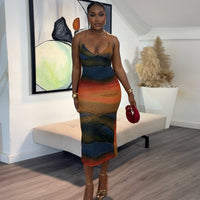 Womens Breathable Printed Backless Maxi Bodycon Shoulder Straps Dress