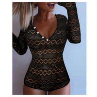 Geometric Print Long Sleeve Deep V Neck Buttoned One Piece Swimsuit