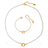 Retro Gentle And Elegant Freshwater Pearl Bracelet And Necklace Set With Stainless Steel Metal Clasps For Commuting Collar Chain