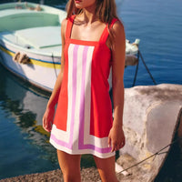 Contrast-color Square-neck Mini Sleeveless Dress For Women