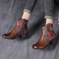 Simple Ethnic Thick Heel Flowers Comfortable Retro Boots