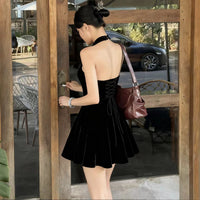 Elegant Velvet Solid-Color Halter Dress