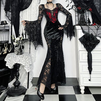 Vampire Chain Long-Sleeve Dress Subculture-Style Lace-Patchwork Maxi Dress