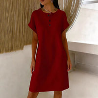 New Comfortable Casual Solid-Color Waffle-Knit Crew-Neck Dress