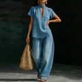 Solid-color Short-sleeve Casual Loose-fit Faux Denim Two-piece Set