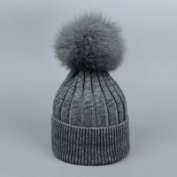 Fox Fur Warm Winter Hat With Ball For Women Child Girl Wool Thick Knitted