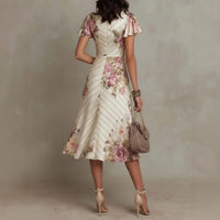 Printed V-neck Defined Waistline Ruffled Hem Dress