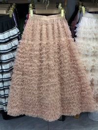 New Colorful Sweet Age-reducing Pleated Solid-color Mesh Midi Puff Skirt