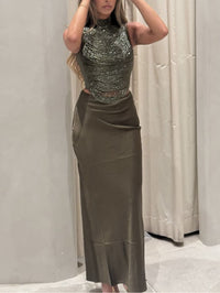 Elegant Sleeveless Tassel-trimmed Zippered Satin Fishtail Maxi Dress Set