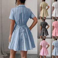 Strap-waisted Striped Shirt-style Short Dress