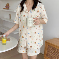 Pure Cotton Bear Head Loungewear Short Sleeve Cardigan Set