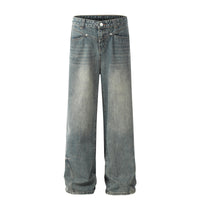 Mens High-Street Washed Distressed Loose Straight-Leg Pants