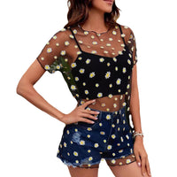 Women's Little Daisy Printed Mesh See-through Jumpsuit Skirt