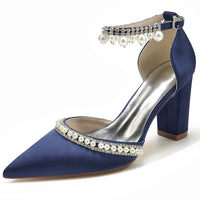 Pointed Toe Rhinestone Block Heel Satin Crystal Chain Pumps