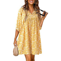 Casual Bohemian Floral Print V-Neck Lantern-Sleeve Dress