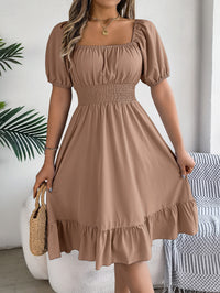Women's Casual Square Neck Short Sleeve Tie Waist Ruffle A-Line Dress