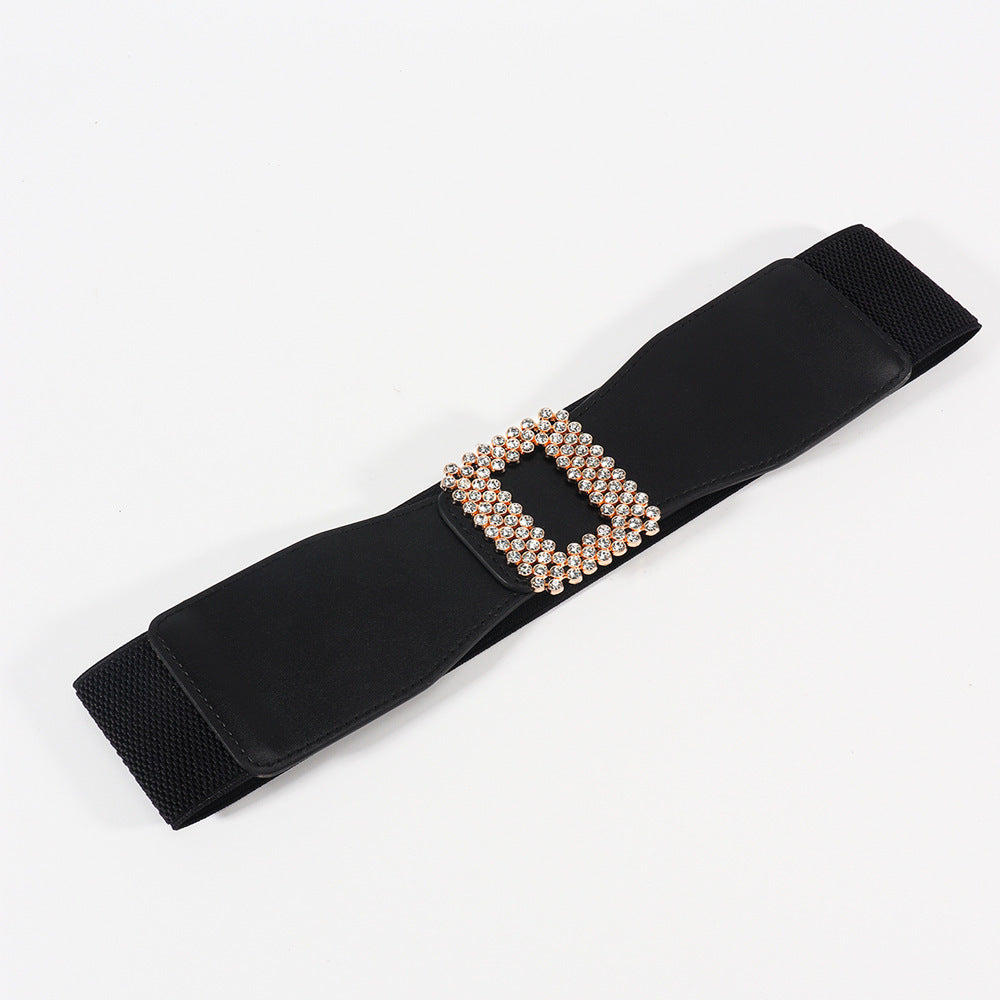 Elastic Female Black Rhinestone Square Buckle Elastic Waistband