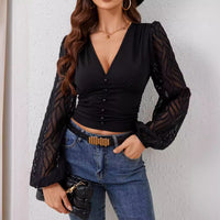 Women's Chiffon Lantern Sleeve V-neck Long-sleeved T-shirt Top