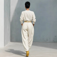 Womens Simple-style Loose Top And Harem Wide-leg Pants Two-piece Set With Belt
