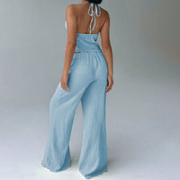 Womens Solid Light Blue Halterneck Top And High-Waist Wide-Leg Pants Set