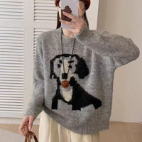 Round Neck Cartoon Pattern Gray Sweater For Women