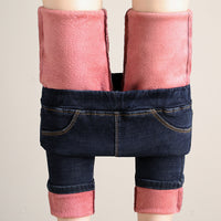 Plush padded high-waisted jeans women's feet pants