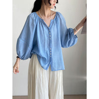 Lightweight And Comfortable Pleated Shirt V-neck Lantern Sleeve Loose