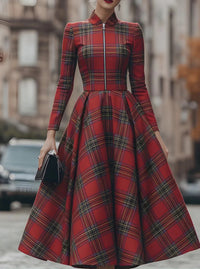 Stand-collar Long-sleeve Plaid Digital-print Zip-up Dress
